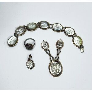 Antique Italian Cameo Jewelry Set Roman Gods Goddesses Mother of Pearl Valentine